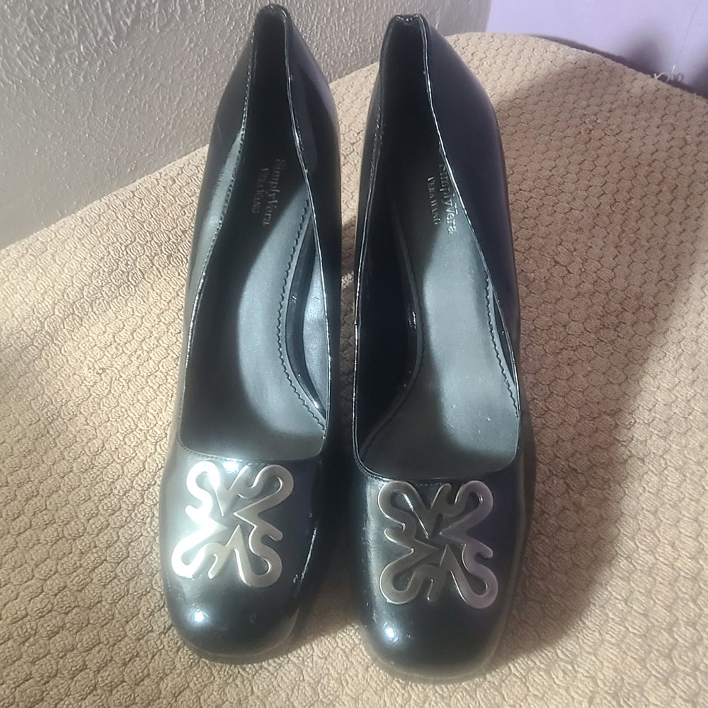 Simply‎ Vera Black Patent Leather Square Toe Block Heel Pumps Women's Size 10M